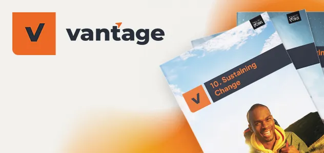 The "Vantage" logo with a stack of branded workbooks.